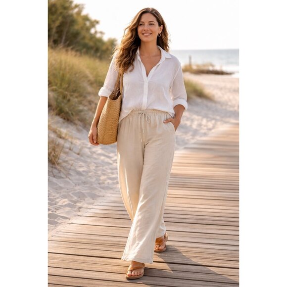 Parachute Pants - Parachute 100% Linen Pants XL Beige Wide Leg Elastic Waist Portugal